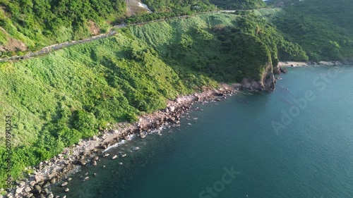 aerial view of a sea and road