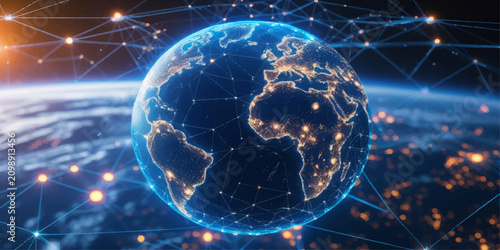 Foto Glowing Planet Earth in Space with Digital Global Network and Blue Universe Back
