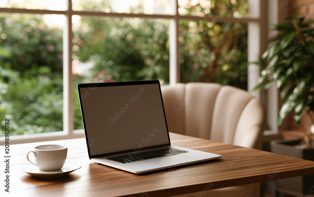 Fototapeta premium Modern laptop wooden desk coffee cup large window indoor plant natural light cozy workspace home office rainy day minimal style