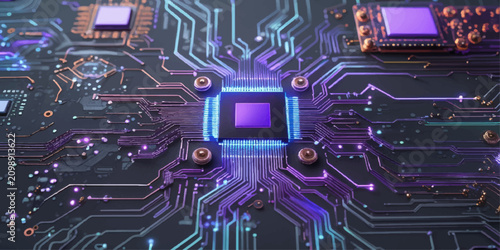 Electronic Circuit Board with Processor Chip and Digital Technology Components for Computer Hardware, PCB Engineering and Advanced Computing Concept