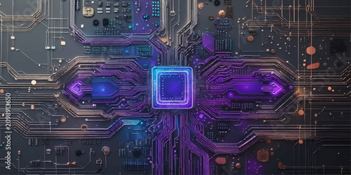 Εκτύπωση καμβά Abstract Blue Circuit Board Background with Microchip Processor and Digital PCB