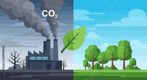 Industrial smokestack emitting carbon dioxide pollution against green backdrop.