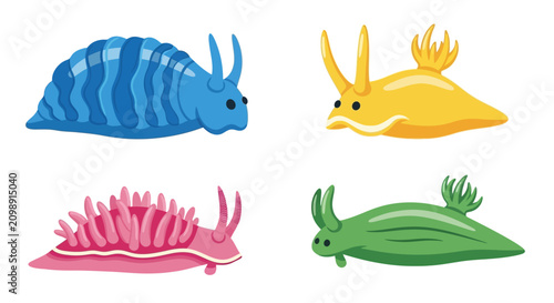Bild auf Leinwand Colorful Sea Slugs Collection: Blue, Yellow, Pink, Green Nudibranchs