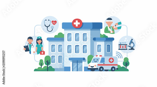 A hospital with medical professionals ambulance and research equipment