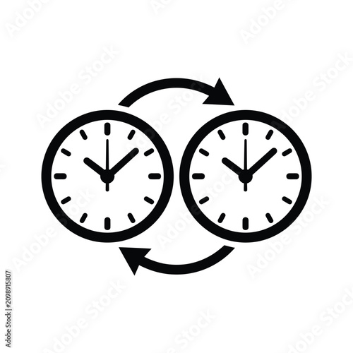 Two Clocks with Circular Exchange Arrows, Time Zone Sync and Shift Change Concept Vector