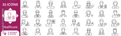 Tableau sur toile Healthcare and Medical Avatars Line Icons Set - 32 Editable Stroke Doctors, Nurs
