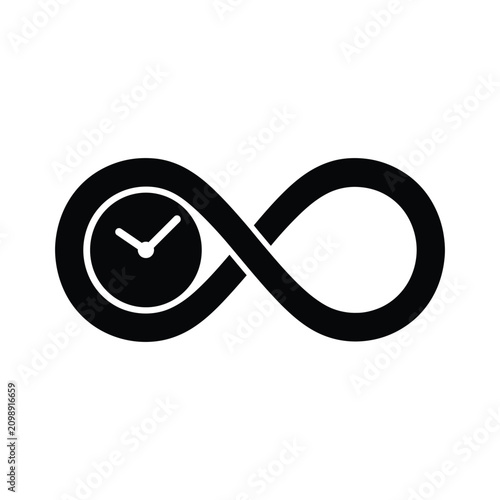 Infinity Loop with Clock Icon, Infinite Time and Lifetime Warranty Concept, Minimalist Silhouette Vector

