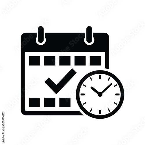 Calendar with Clock and Checkmark Icon, Schedule Management and Completed Tasks Concept Vector
