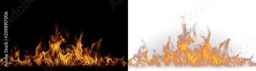 Realistic burning fire flames border on black and transparent backgrounds. Horizontal hot orange flame overlay. Bonfire and campfire element