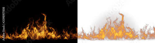 Obraz na płótnie Horizontal realistic fire flames on black and transparent backgrounds