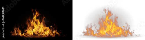Wide base cluster of realistic fire flames. Isolated bonfire element on black and transparent background. Hot burning flame effect for design