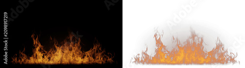 Realistic orange fire flames border on black and transparent background. Burning flame overlay element for graphic design. Horizontal fire line