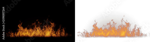 Realistic burning fire flames on black and transparent backgrounds. Orange glow blaze overlay for video editing. Split screen isolated fire element banner
