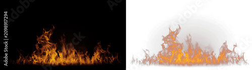Realistic fire flames burning along the bottom edge. Orange and yellow bonfire sparks on black and transparent background. Graphic design element for visual effects