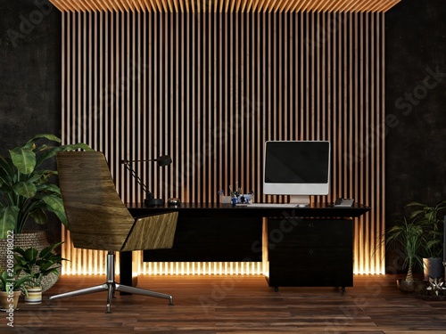 Modern Executive Office Interior with Wooden Slat Wall, Computer Desk and Indoor Plants