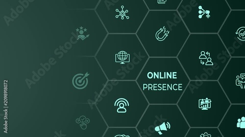 Online presence concept on the colorful background. Digital channels and platforms connecting the audience via websites, social media accounts. Motion graphics of customer engagement idea. 4k video. 