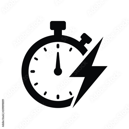 Stopwatch with Lightning Bolt Icon, High Speed Performance and Fast Delivery Concept Silhouette Vector
