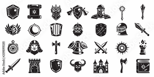 Quadro em tela Fantasy Rpg Icon Set Monochrome Silhouettes On White Background