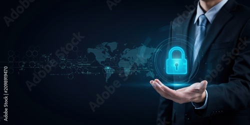 Businessman holding a glowing digital padlock icon with world map data background for internet security concept