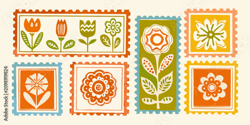Fotografie Retro botanical stamp designs with floral ornaments and textured backgrounds