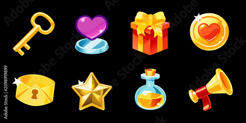 Collection Of Glossy 3d Game User Interface Icons On Black Background
