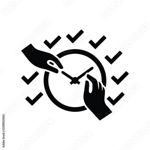 Hands Adjusting Clock with Checklist Marks, Teamwork Time Management Concept, Minimalist Silhouette Vector