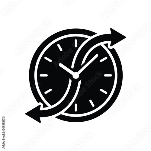 Clock with Circular Arrows Icon, 24 Hours Service and Time Loop Concept, Minimalist Silhouette Vector