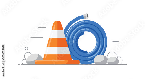 Fényképezés A flat vector illustration features an orange and white traffic cone next to a coiled blue garden hose, set against a clean, minimalist background