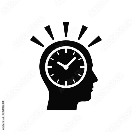 Human Head with Clock Icon, Time Management and Productivity Concept, Minimalist Silhouette Vector
