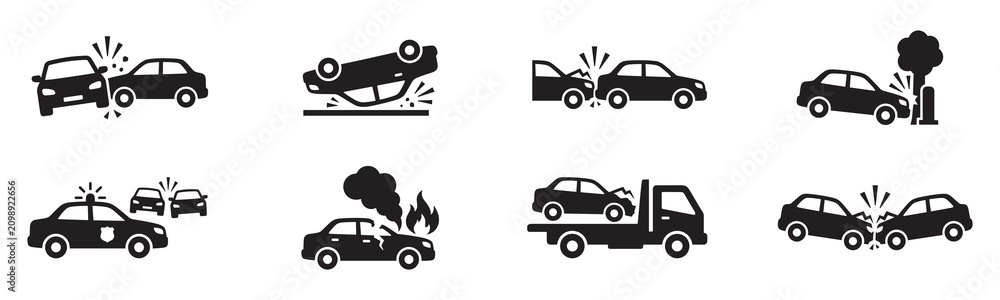 Naklejka premium Car accident and road crash icon set. Head on collision, flipped vehicle, tree crash, police car, burning engine smoke, tow truck, and broken bumper. Vector illustration.