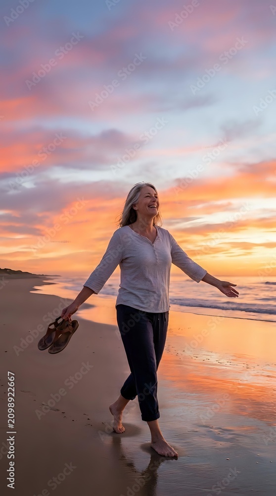 Fototapeta premium Young woman with long blonde hair, Caucasian ethnicity, wearing casual athletic attire, running barefoot along sandy beach at golden hour sunset with vibrant orange and pink sky reflections.