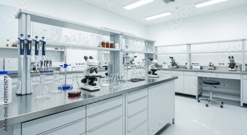 Modern, sterile lab with stainless steel counters and white shelving.  Various scientific equipment and glassware are visible