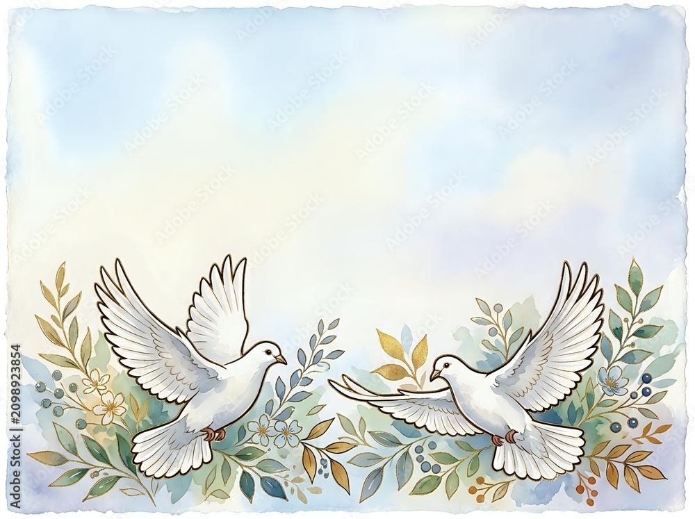 Fototapeta premium Two white doves with olive branches surrounded by watercolor foliage in soft pastels. Isolated on transparent background, ready for wedding invitations, peace campaigns, and greeting card designs.