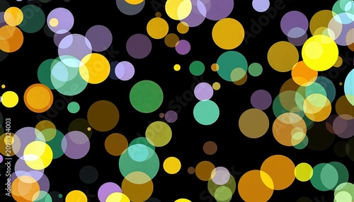 Many colorful circular shapes floating against a dark blank area creating an ethereal design with overlapping elements.