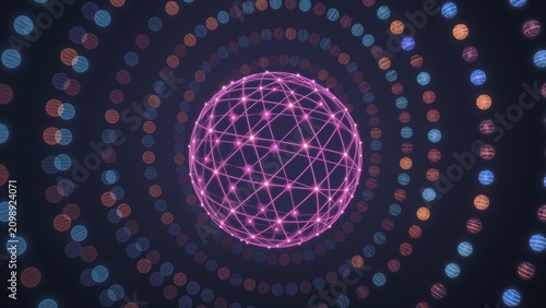 Central glowing sphere forming global network Surrounding circles containing numerous patterned nodes.