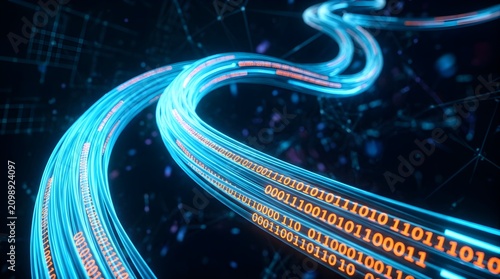Obraz na płótnie High speed fiber optic cable data transfer with glowing binary code stream transfer internet
