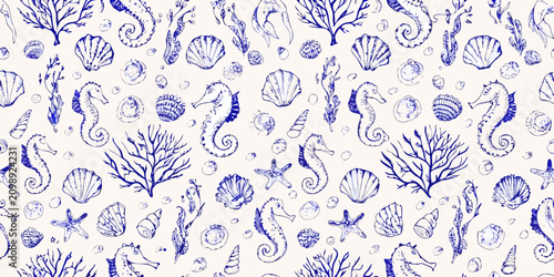 Marine Life Pattern A Repeating Sketch Of Shells And Sea Creatures