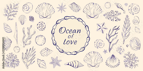 Obraz na płótnie Hand drawn Nautical Shells And Seaweed Blue Line Art Illustration