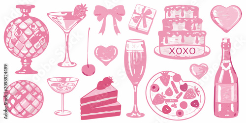 Pink Party Illustrations Featuring Champagne Cake And Heart Shapes