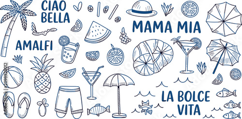 Amalfi coast summer vacation doodle blue ink travel