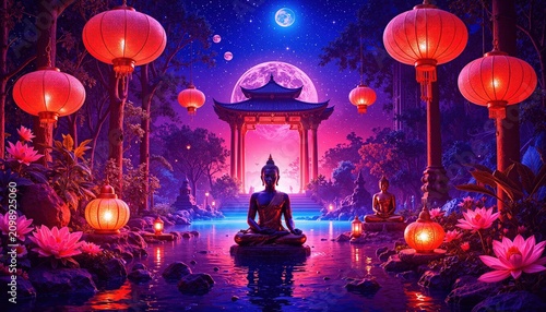 Buddha statue meditating by a tranquil pond at night illuminated by lanterns and surrounded by lotus flowers under a full moon.