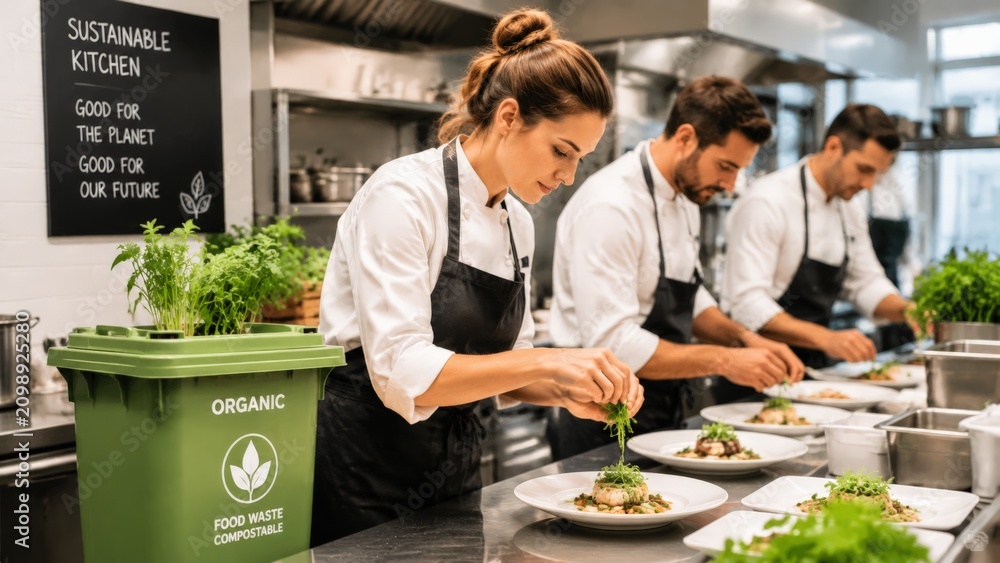 Fototapeta premium Female chef and two male sous chefs carefully garnish plated organic meals in busy commercial kitchen beside green composting bin labeled organic; scene shows teamwork, hygiene, fresh herbs