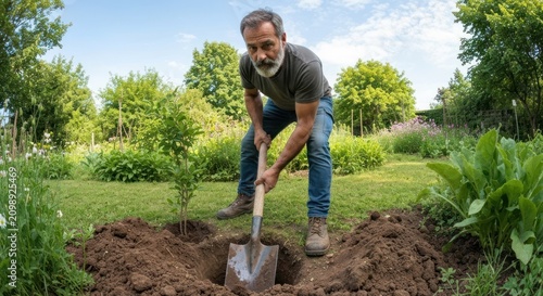 Mature man digs hole in garden
