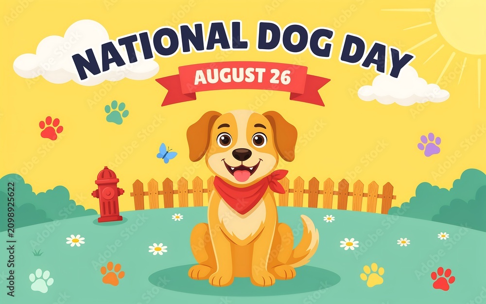 Fototapeta premium National dog day celebration banner with cute dog illustration, paw print decoration and outdoor vector design