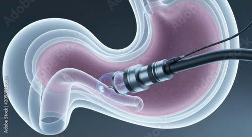 Medical procedure, stomach, x-ray view.  A medical device, possibly a gastric implant, is being inserted into a 3D model of a stomach.  X-ray-like transparency reveals internal organs