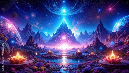 Mystical garden featuring glowing lotus flowers and towering mountains under a starry sky symbolizing spiritual awakening.