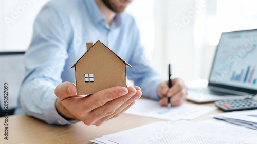 Man holds small house model while working on mortgage paperwork at a desk in an office