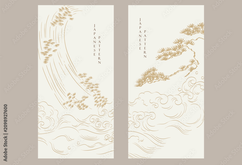 Fototapeta premium Bonsai tree with cran birds and hand drawn wave elements. Geometric pattern in vintage style. Japanese background with wave , bamboo leaf, bonsai tree. Asian traditional icon vector.