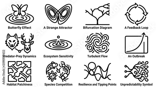 Foto Chaos Theory Concepts: Butterfly Effect, Strange Attractor, Bifurcation Diagram,