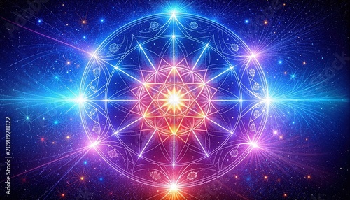 Spiritual flower of life mandala pattern illuminating mystical universe Concept of cosmology consciousness, and enlightenment.